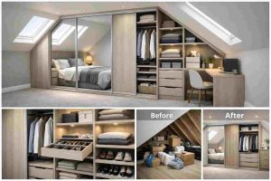 Modern loft wardrobe design with sliding doors for small attic bedroom space